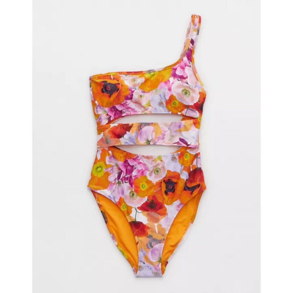 Aerie Floral One-Shoulder One Piece Swimsuit - Orange and Pink